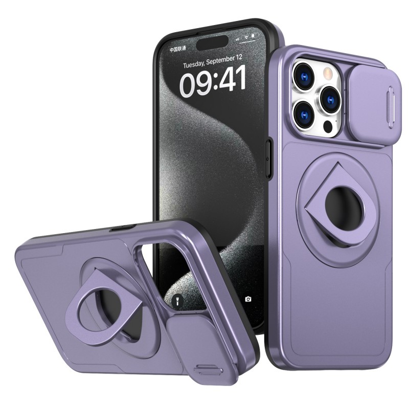 Heavy Duty Magnetic Suction iphone Case with Rotating Stand and Lens Push Window Protection 